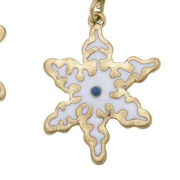 White Enamel Snowflake Cookie Dangle Drop Hoop Earrings - Picture 2 of 2